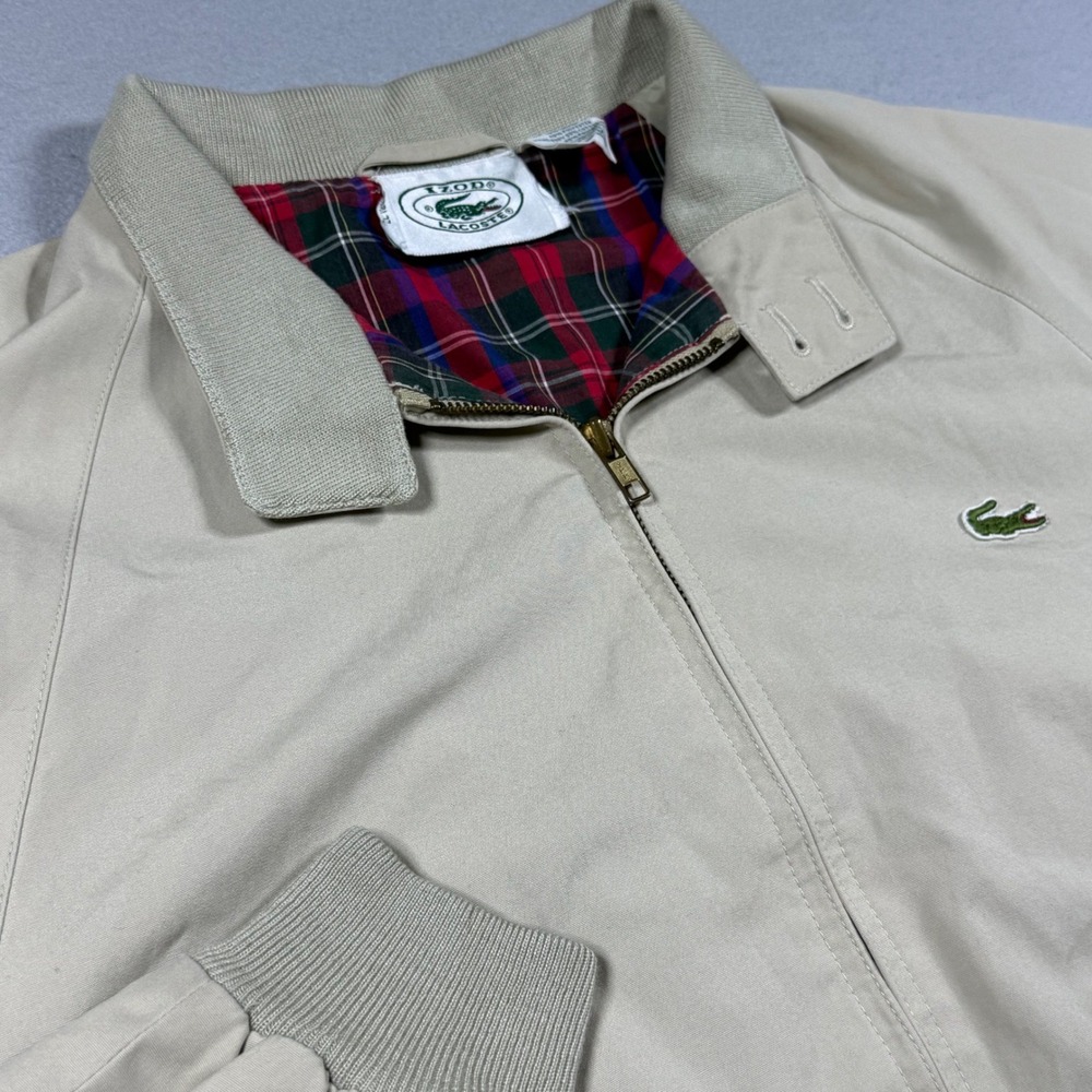 Vintage Izod Lacoste Harrington Jacket Tan Beige Plaid Lined Mens Medium